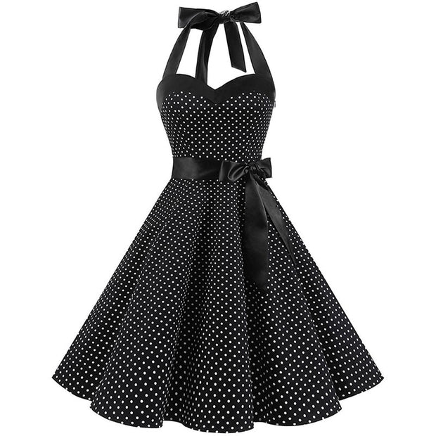 Audrey Hepburn Retro 50s Gothic Pin Up Polka Dot Vintage Halter Dress