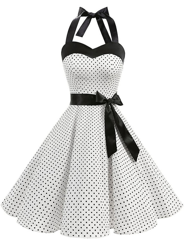 Audrey Hepburn Retro 50s Gothic Pin Up Polka Dot Vintage Halter Dress