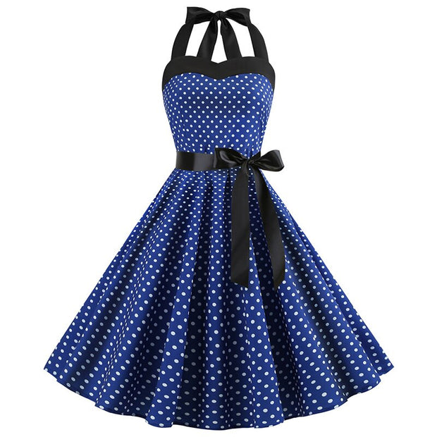 Audrey Hepburn Retro 50s Gothic Pin Up Polka Dot Vintage Halter Dress