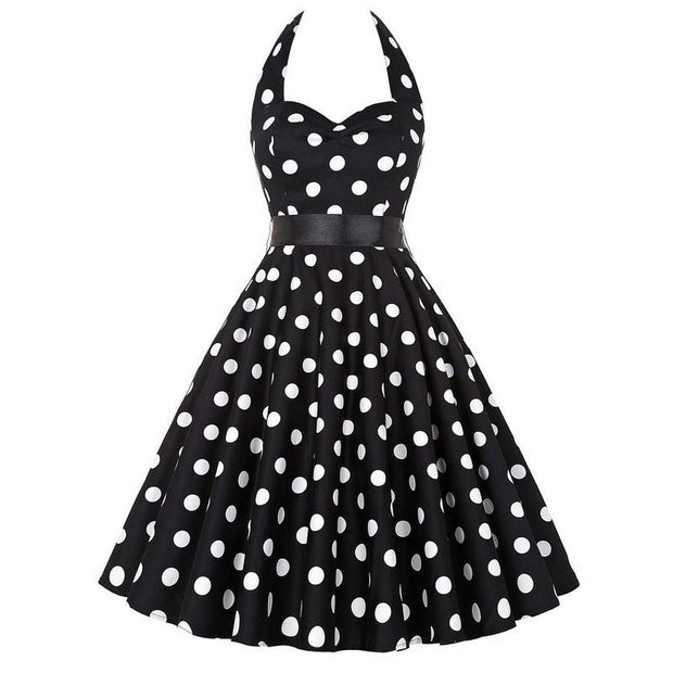 Audrey Hepburn Retro 50s Gothic Pin Up Polka Dot Vintage Halter Dress