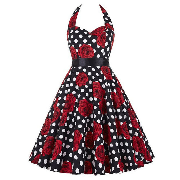 Audrey Hepburn Retro 50s Gothic Pin Up Polka Dot Vintage Halter Dress