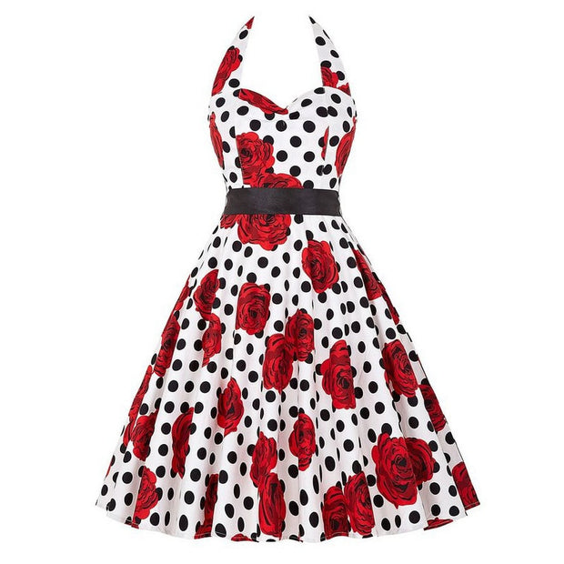 Audrey Hepburn Retro 50s Gothic Pin Up Polka Dot Vintage Halter Dress