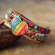 Romantic Spiritual Chakra Leather Wrap Bracelets W/ Mix Stone Heart Shape