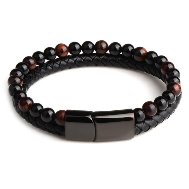 Natural Black Stainless Steel Stone, Genuine Leather Braided Bracelet w/ Magnetic Clasp