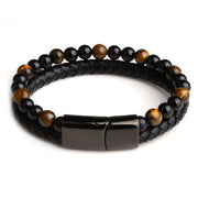 Natural Black Stainless Steel Stone, Genuine Leather Braided Bracelet w/ Magnetic Clasp