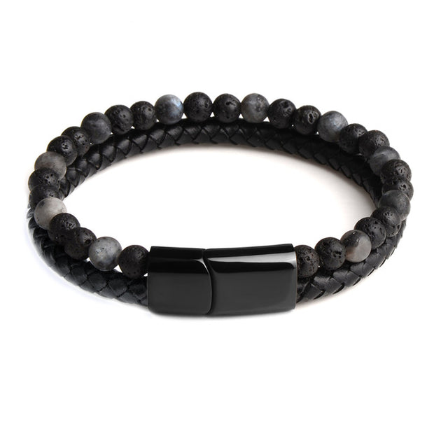 Natural Black Stainless Steel Stone, Genuine Leather Braided Bracelet w/ Magnetic Clasp